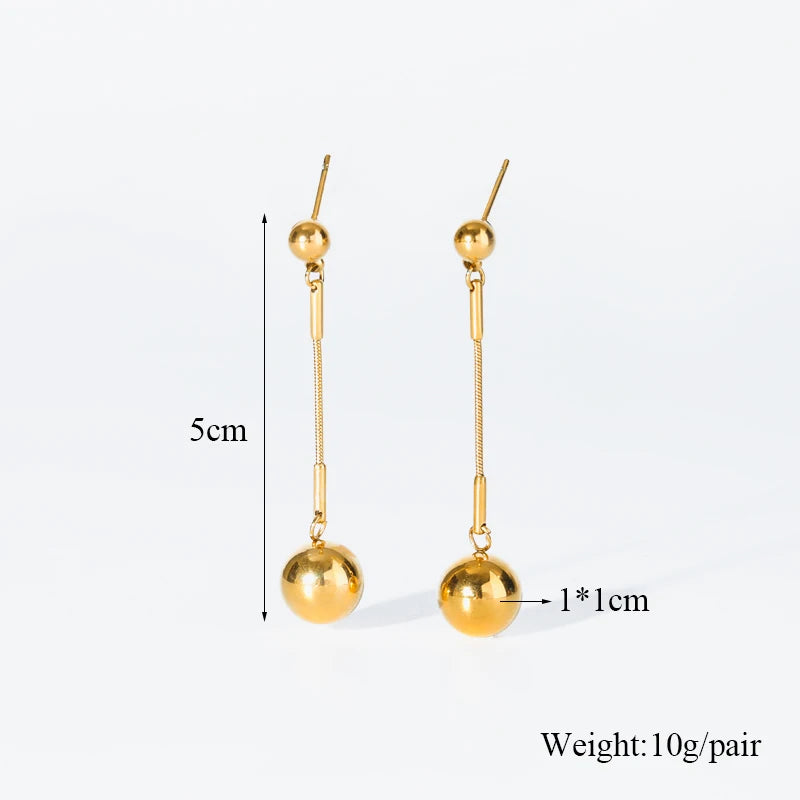 Stainless Steel Gold Color Ball Bead Dangle Earrings