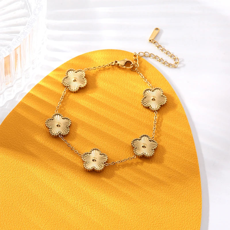 Stainless Steel Gold Color Five Leaf Flower Bracelet