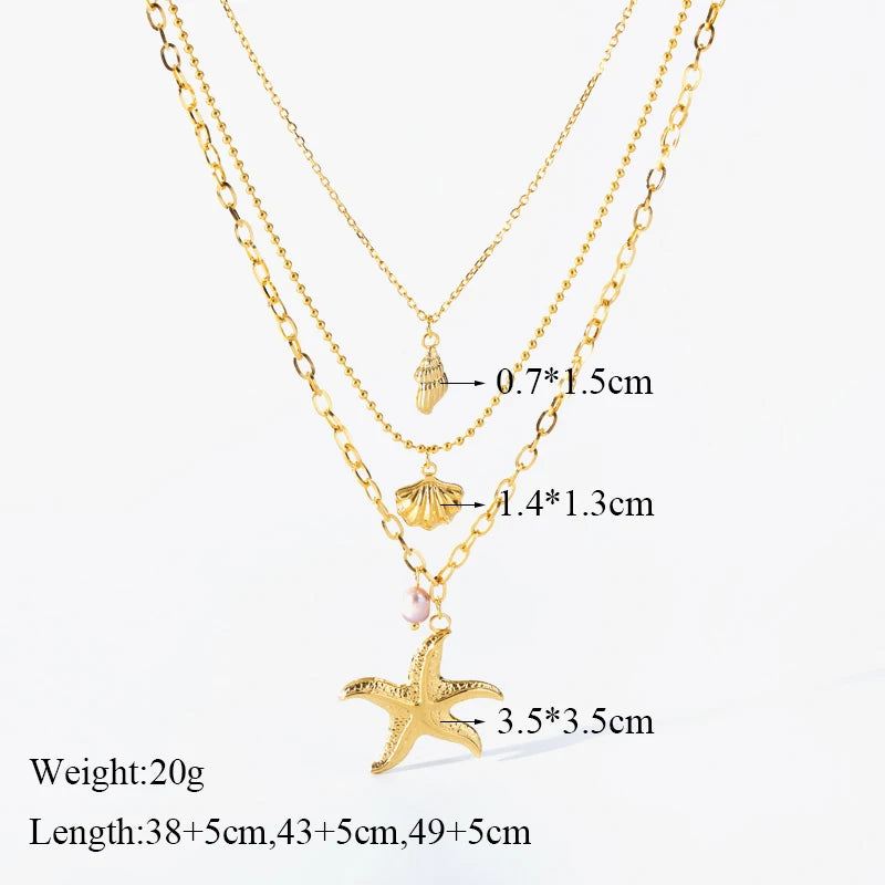 Stainless Steel Starfish Shell Pearl Pendant Necklace