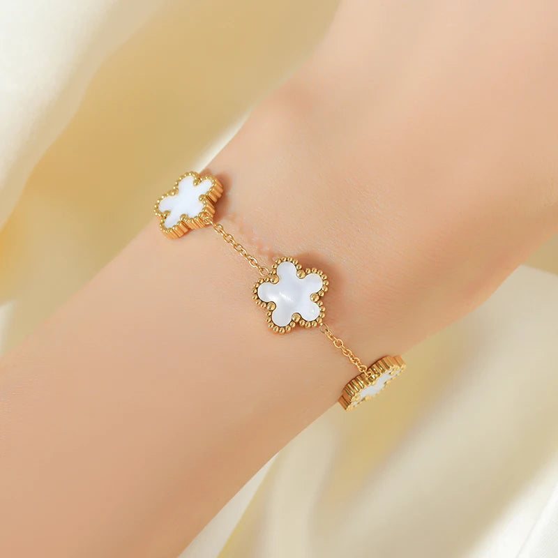 Stainless Steel White Plant Flower Bracelet With Five Leaf Petals