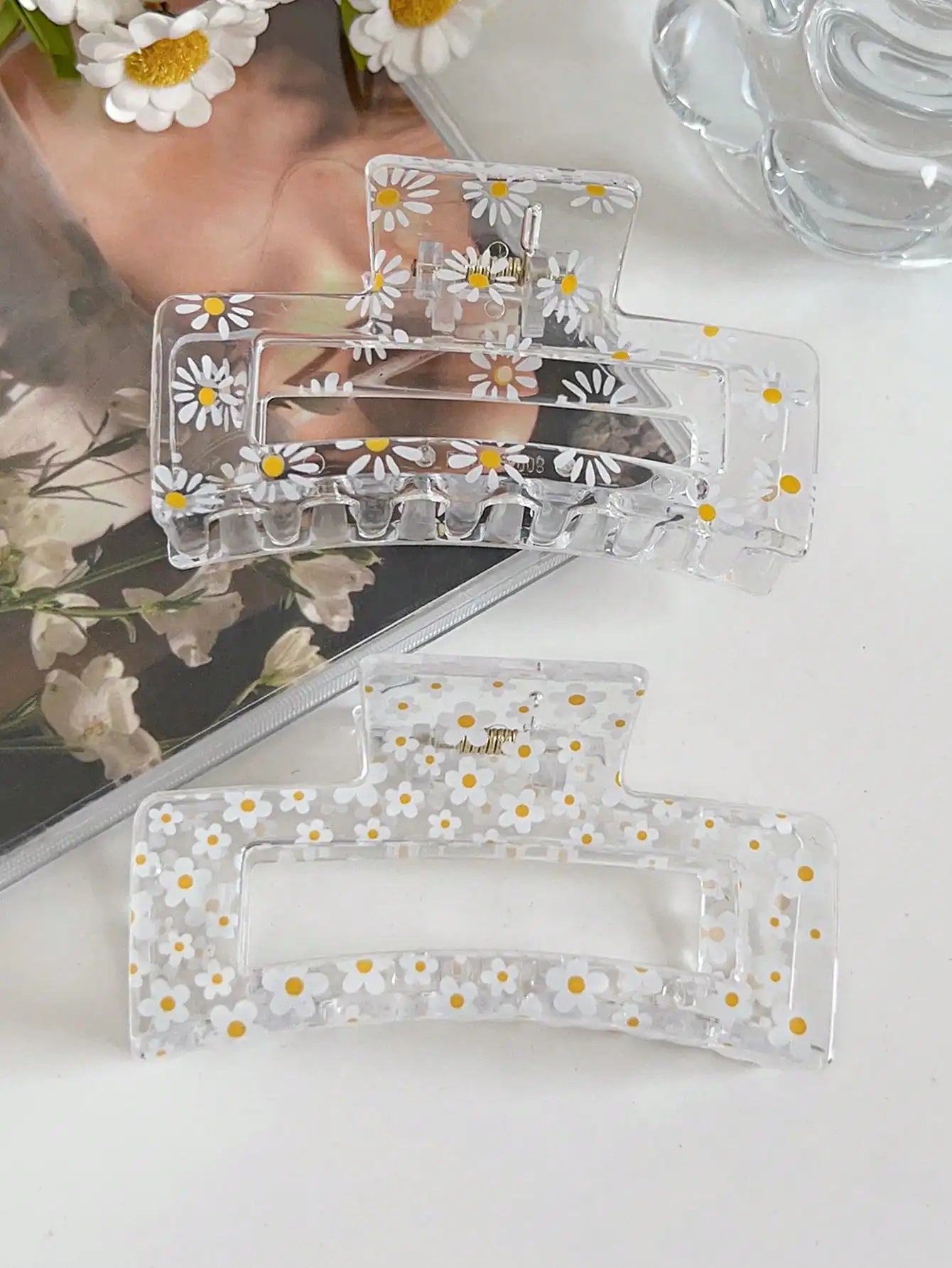 2 Pcs Clear Floral Prints Hair Claw Clips