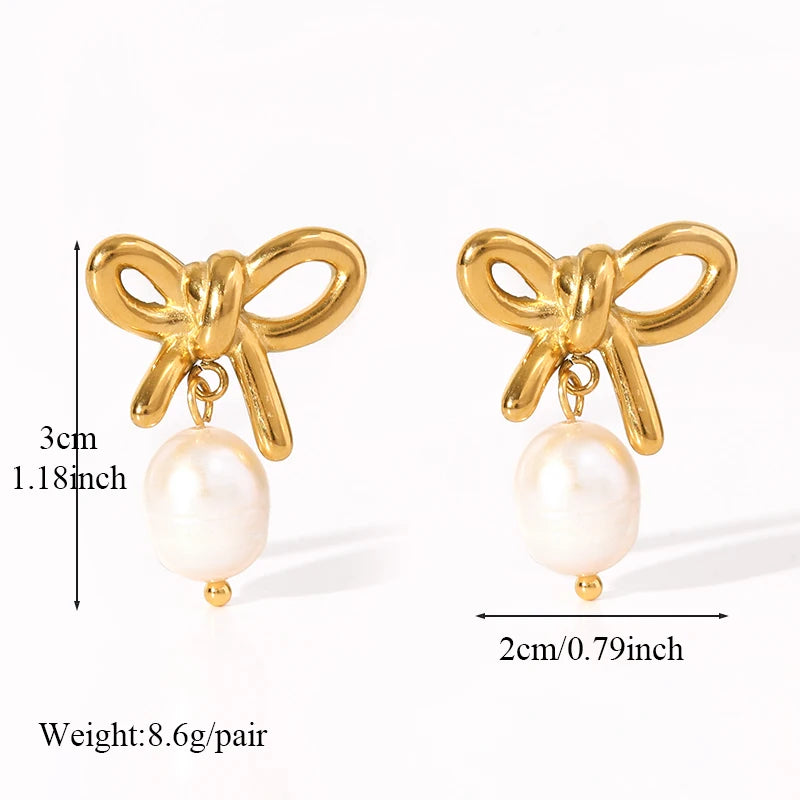 Stainless Steel Bowknot Pearl Earrings