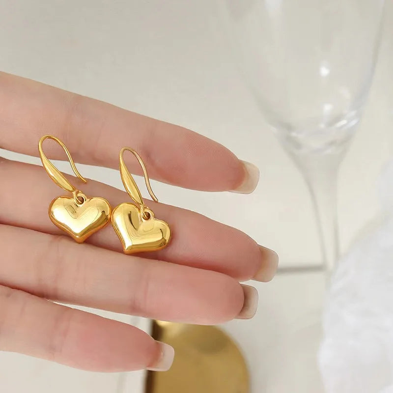 Stainless Steel Gold Color Heart Love Pendant Earrings