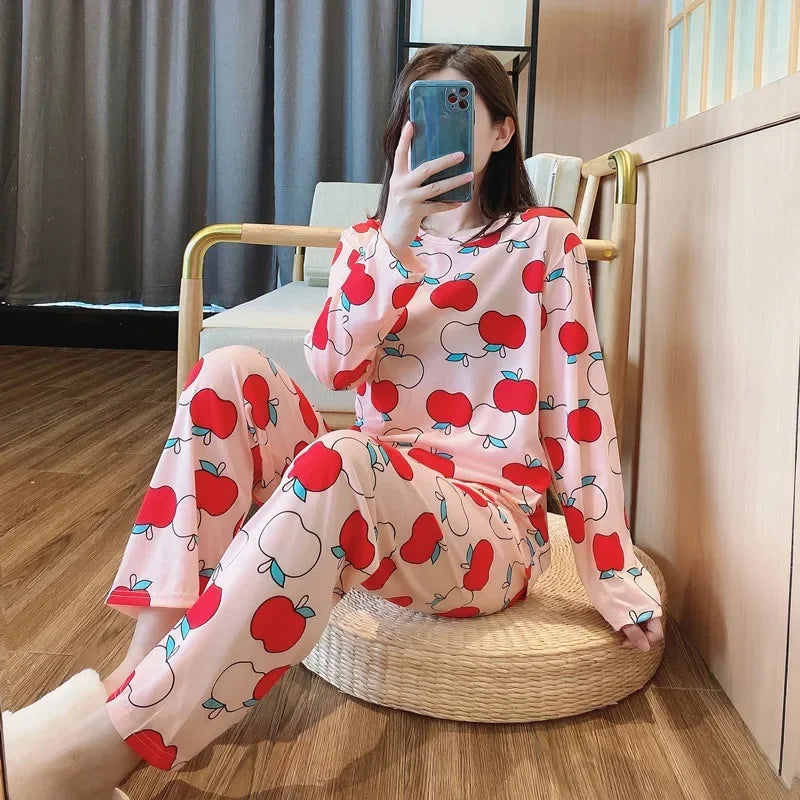 Cute Cartoon Round Neck Women's Pajama Set