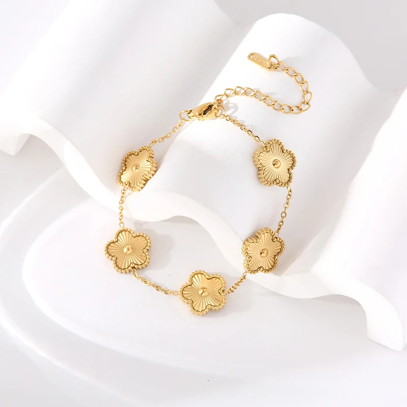 Stainless Steel Gold Color Five Leaf Flower Bracelet