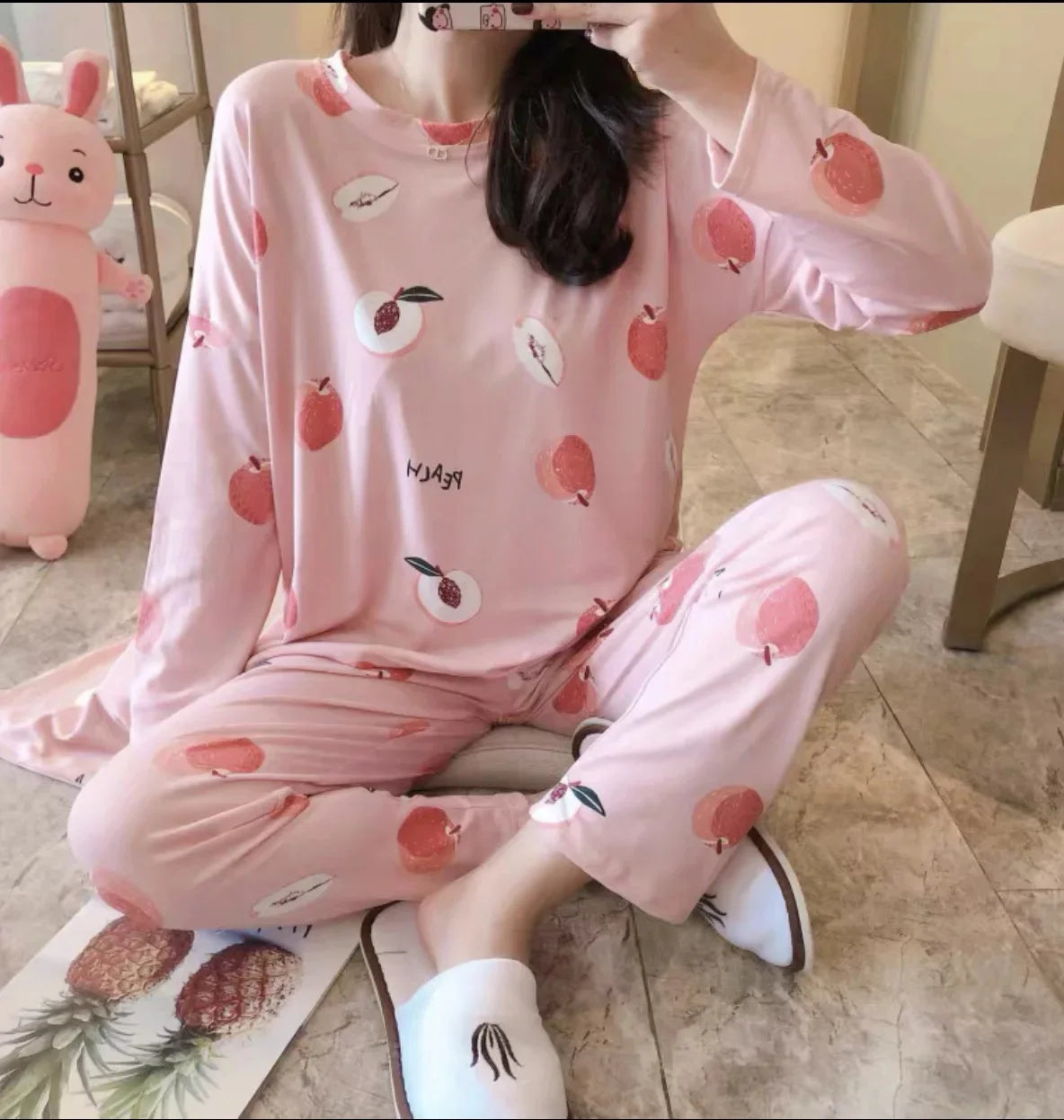 Cute Cartoon Round Neck Women's Pajama Set