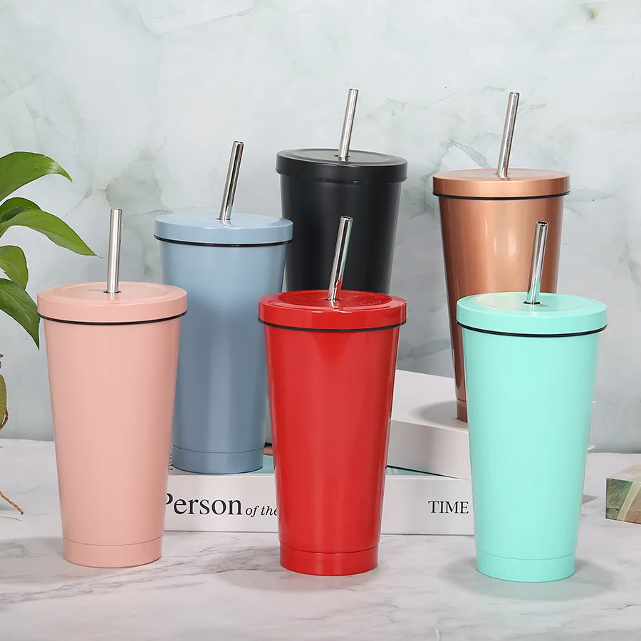 Double Wall Stainless Steel Insulated Drinking Tumbler Cup with Metal Straw and Lid