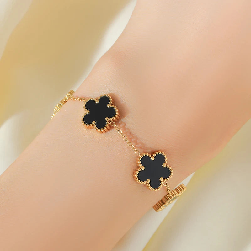 Stainless Steel Black Plant Flower Bracelet With Five Leaf Petals