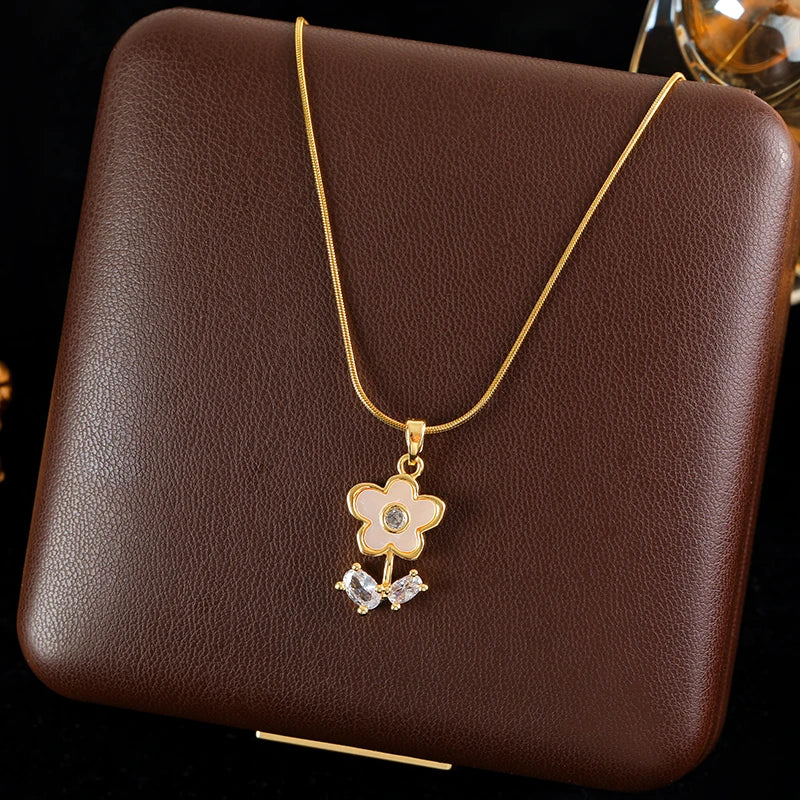 Stainless Steel Shell Starfish Zircon Pendant Necklace