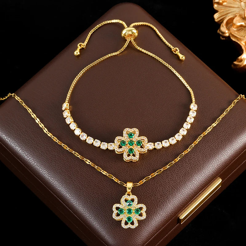 Stainless Steel Rotating Clover Zircon Necklace Bracelet Set