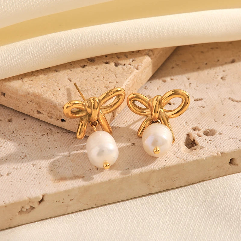 Stainless Steel Bowknot Pearl Earrings