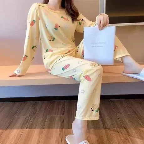 Cute Cartoon Round Neck Women's Pajama Set