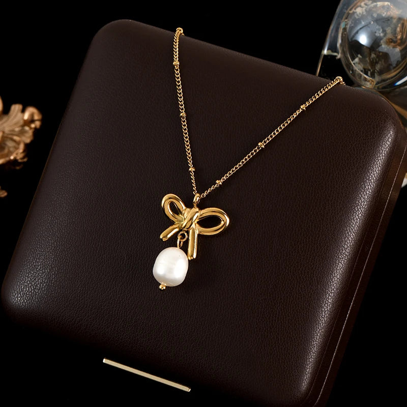 Stainless Steel Bowknot Pearl Pendant Necklace