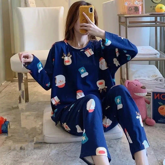 Cute Cartoon Round Neck Women's Pajama Set