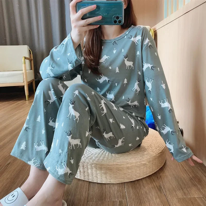 Cute Cartoon Round Neck Women's Pajama Set