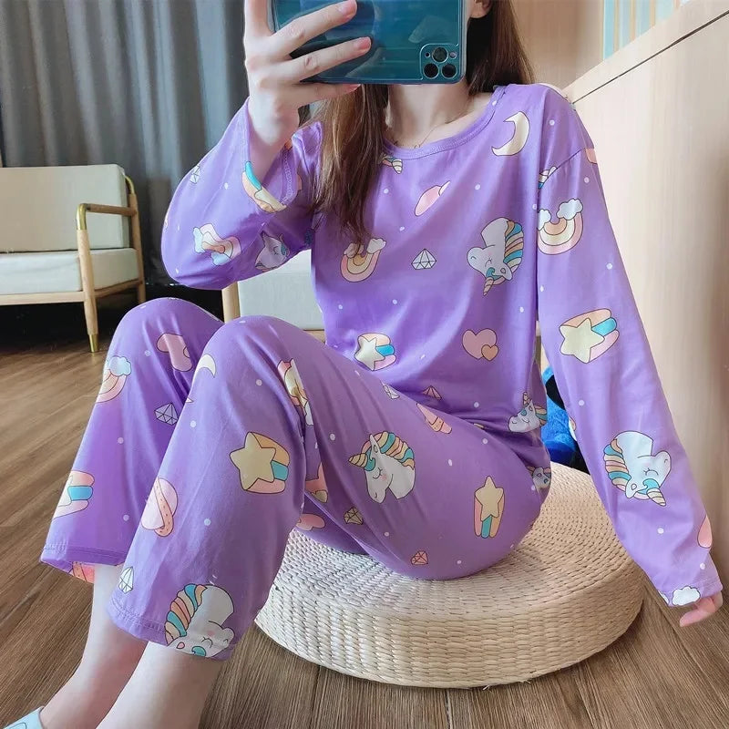 Cute Cartoon Round Neck Women's Pajama Set