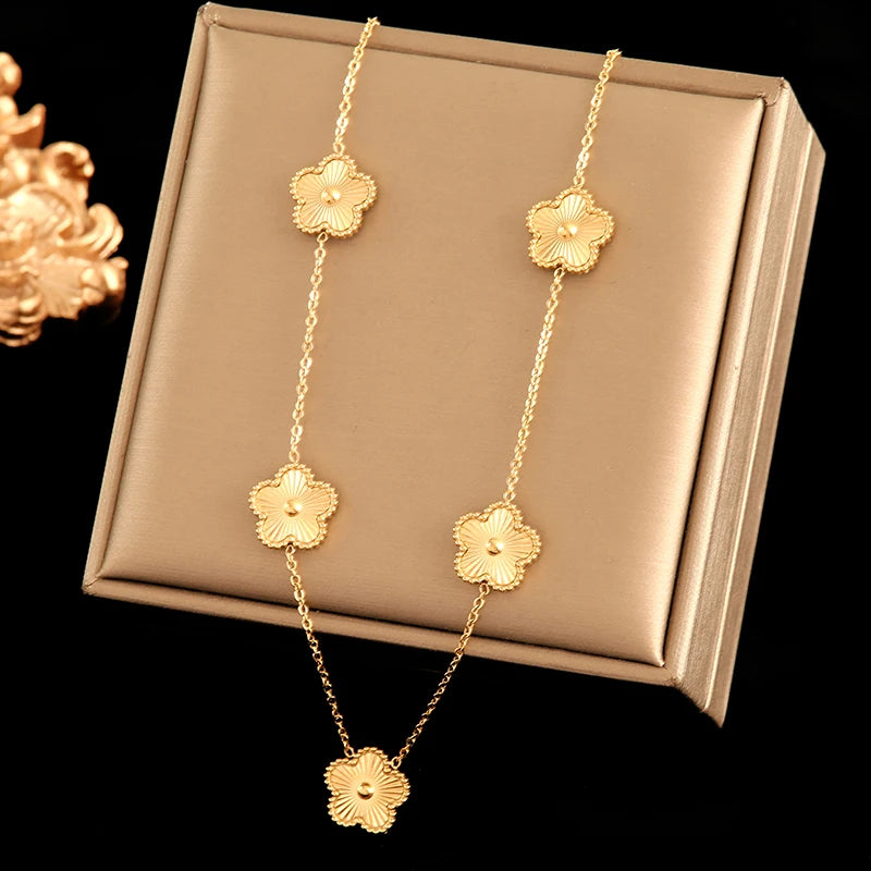 Stainless Steel Gold Color Five-Leaf Clover Pendant Necklace