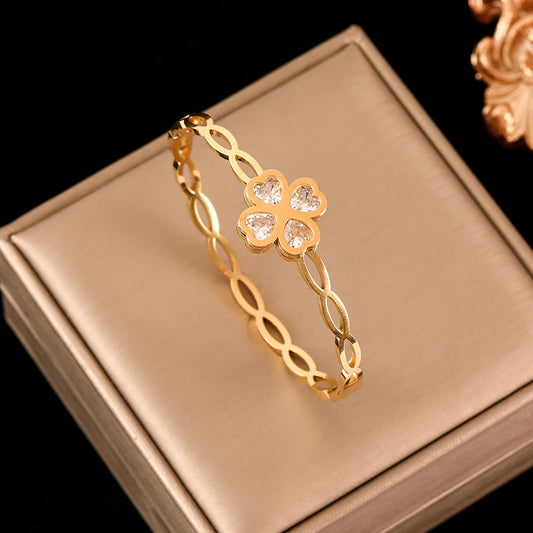 Stainless Steel Leaf Clover Zirconia Bangle Bracelet