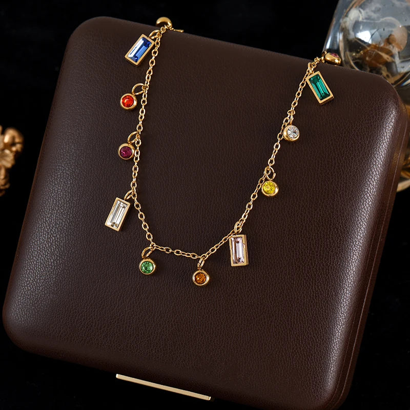 GANEMLY 316L Stainless Steel Colorful Stone Necklace