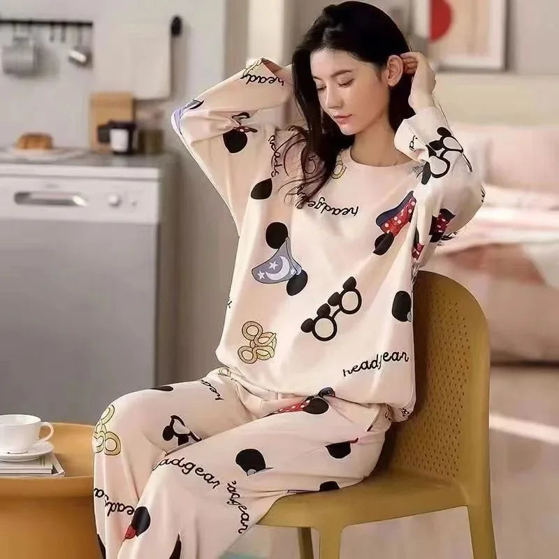 Cute Cartoon Round Neck Women's Pajama Set