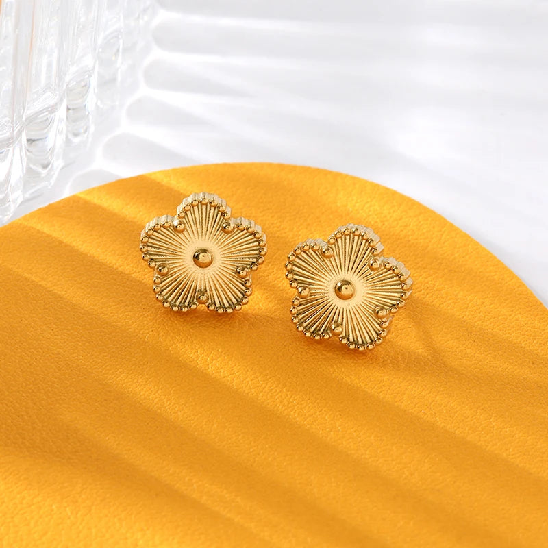 Stainless Steel Golden Plum Blossom Five Leaf Flower Stud Earrings