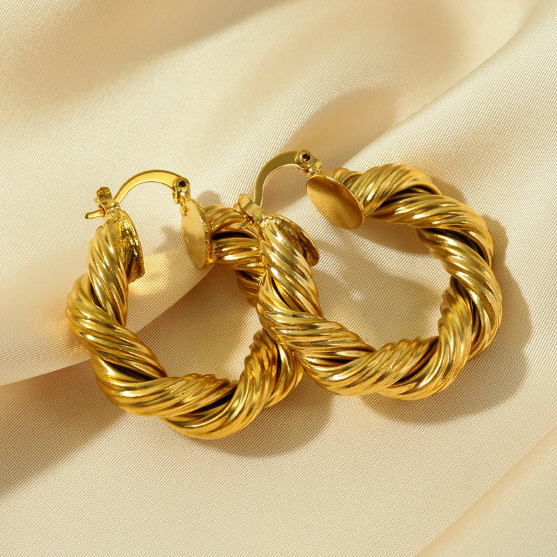 Stainless Steel Gold Color Twisted Hoop Earrings