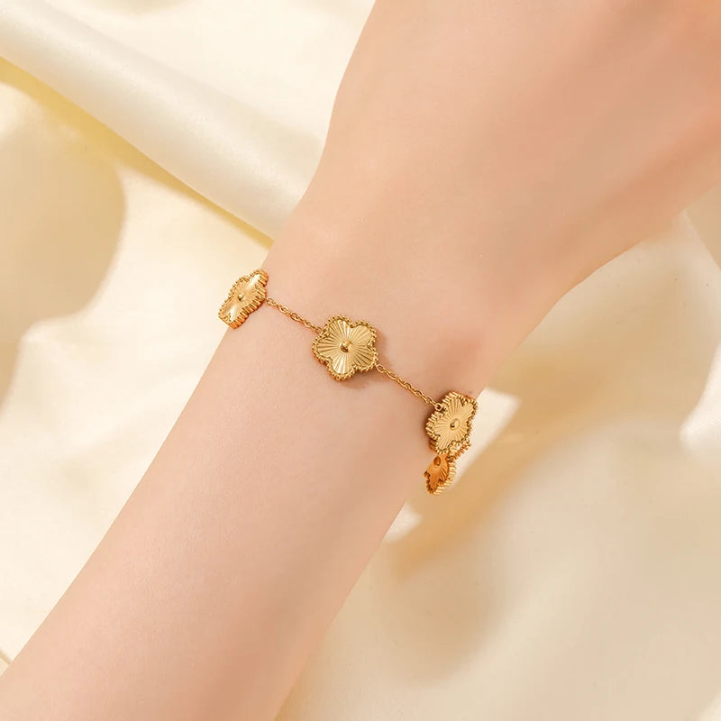 Stainless Steel Gold Color Five Leaf Flower Bracelet