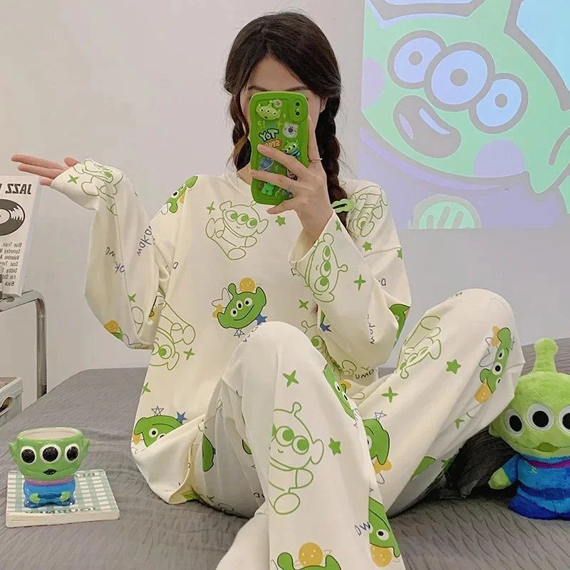 Cute Cartoon Round Neck Women's Pajama Set