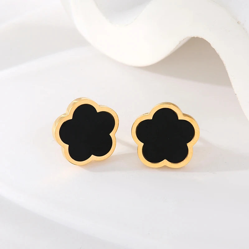 Stainless Steel Black Five Leaf Clover Flower Stud Earrings