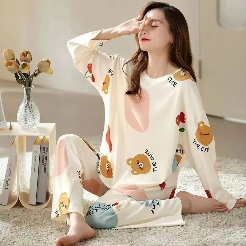 Cute Cartoon Round Neck Women's Pajama Set