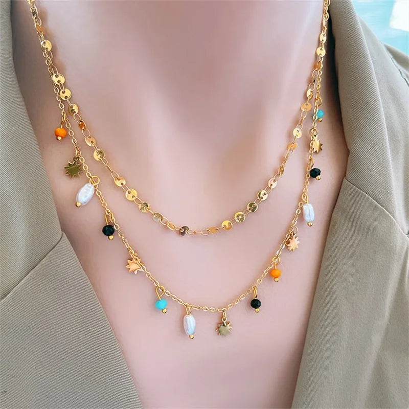 GANEMLY 316L Stainless Steel Colorful Stone Necklace