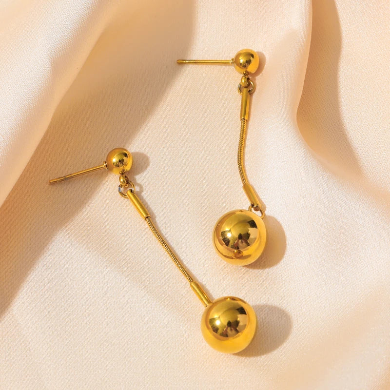 Stainless Steel Gold Color Ball Bead Dangle Earrings